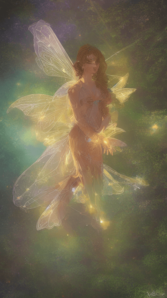 AI generated: <lora:CrystallineAI-000009:1>, concept art, top-down view of a fairy, at Golden hour, Reflected ligh...