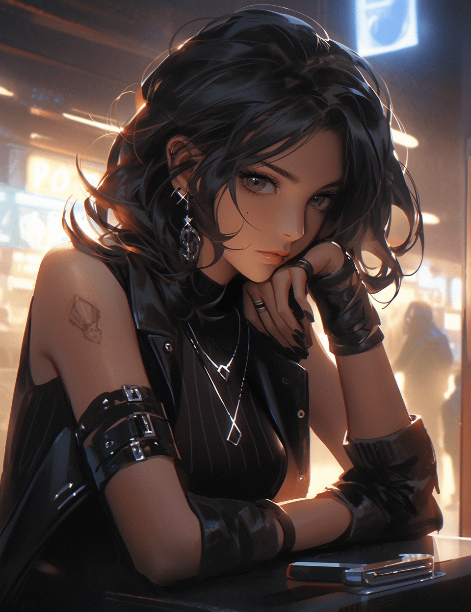 AI generated: an image of a woman in black leather near a neon sign, in the style of cyberpunk manga, ruslan loban...