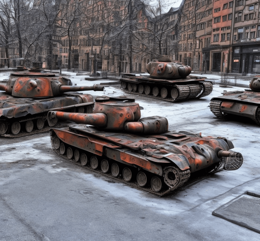 AI generated: a  lost  rusted camo  german  tank  is dead. It is lying on  the ground in the street in a  german c...
