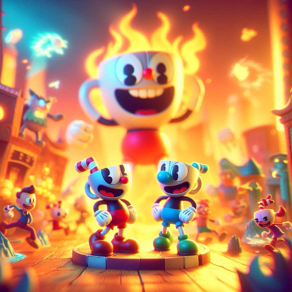 AI generated: Render 3D de alta calidad de cuphead, representados con texturas suaves y sombreados brillantes. Fon...