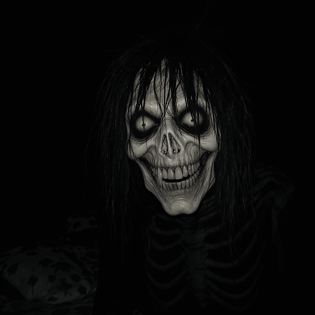 AI generated: CARY CORPSE MONSTER IN DARK BEDROOM. at home at night. BEDROOM . absolute darkness in my room. . WIT...
