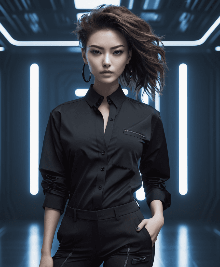 AI generated: techwear fashion {A portrait of a young woman in a chic black button-up shirt and slim trousers agai...