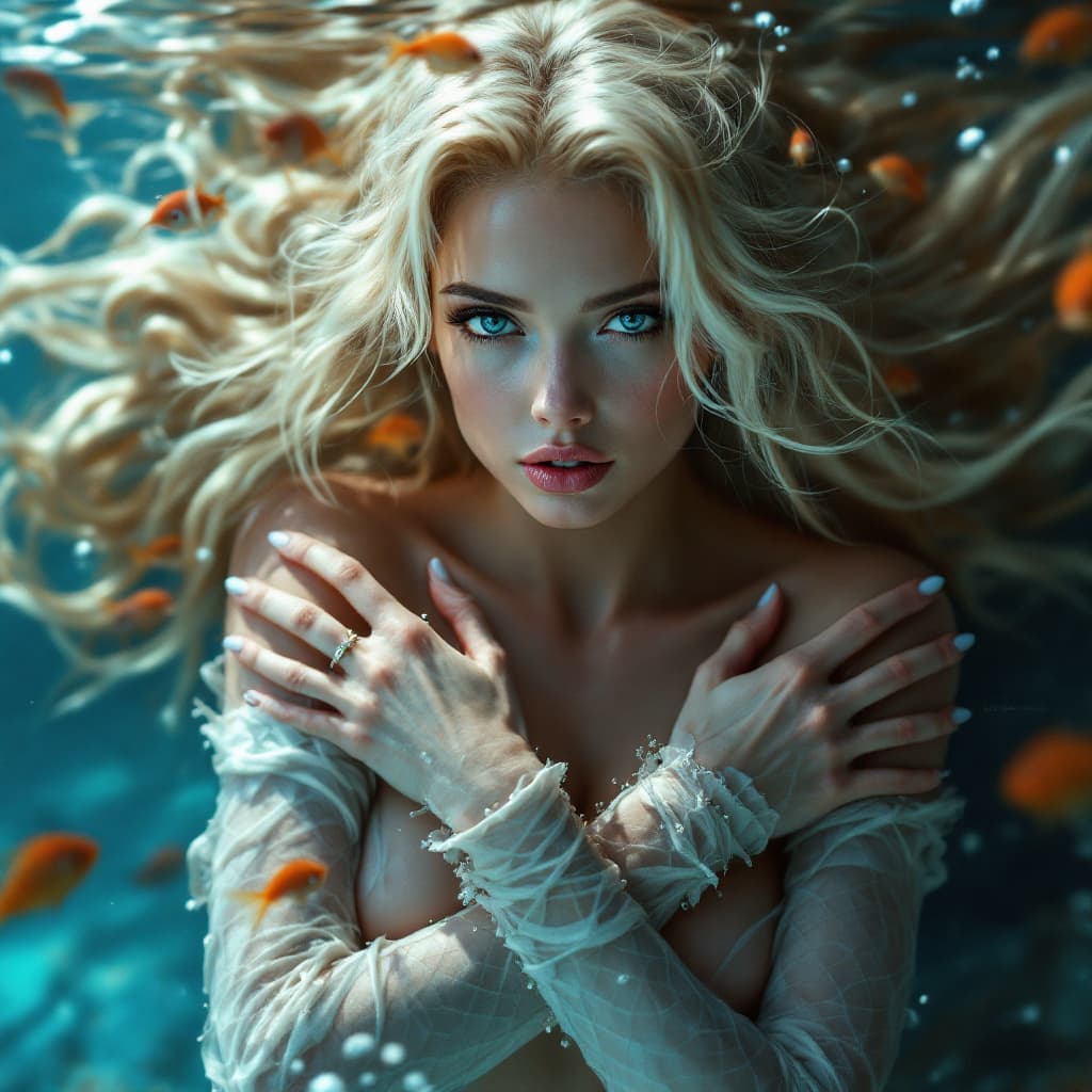 AI generated: A (((full body))) photo shot of a gorgeous vulnerable cute (mermaid) blonde with blonde hair, (cross...
