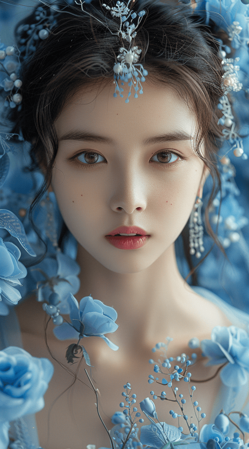 AI generated: Surrealistic photography, a blue and white Hanfu girl standing in the sky with clouds on her head, h...
