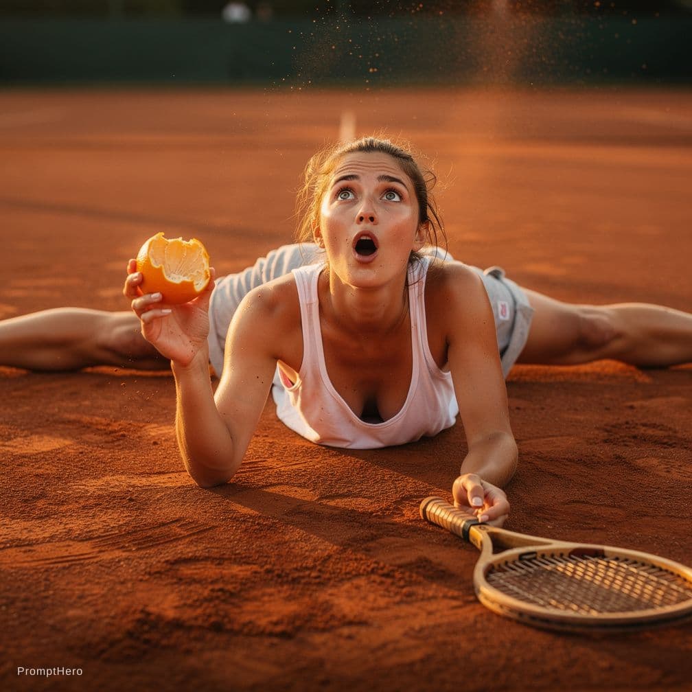 AI generated: "2024 tumblr viral photo. A stunning astonished tennis player lies flat on a clay court, limbs spraw...