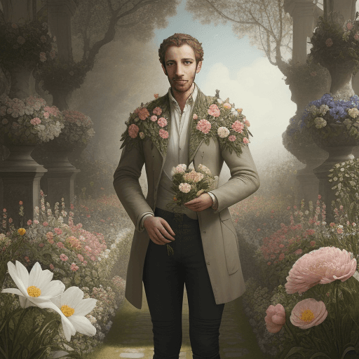 AI generated:  handsome man standing in a garden bursting with flowers, Paulina Góra, Rachel Ruysch