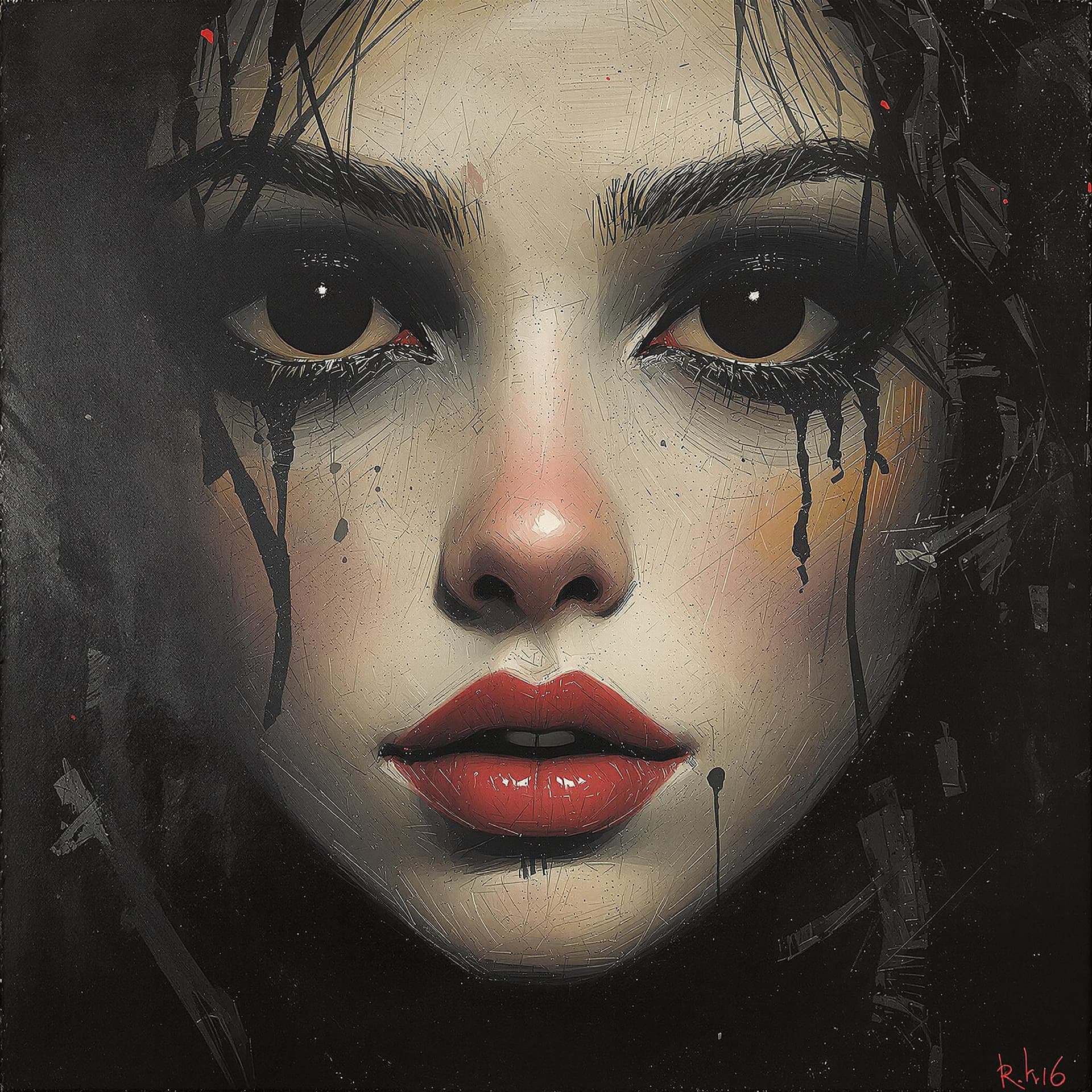 AI generated: artistic, oil painting, face, portrait of girl, empty eyes, grainy touch, minimalist avant-garde, ri...
