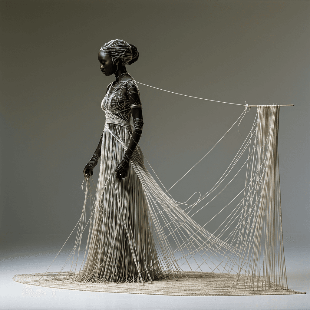 AI generated: A curious thread weaver, where her very form seems to be made of interlinking threads and her clothi...