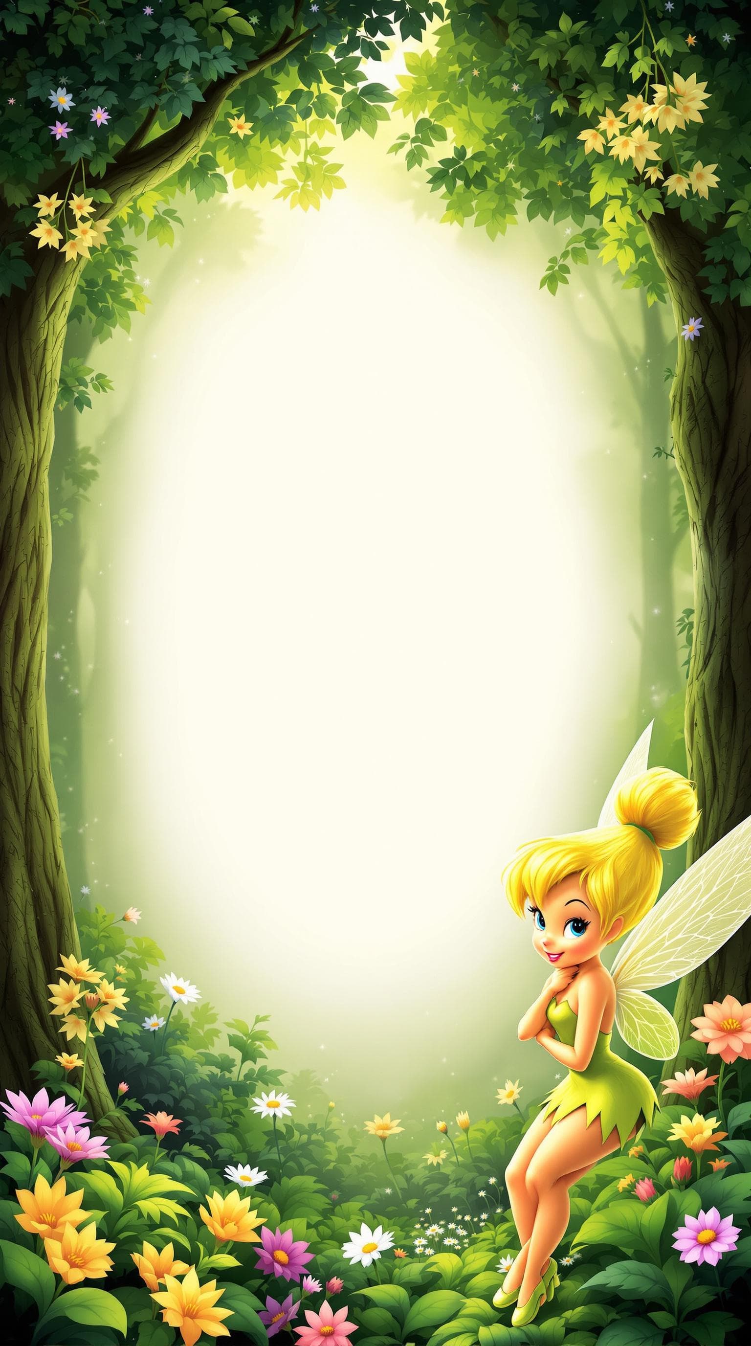 AI generated: birthday invitation, tinkerbell theme, forest background with flowers, green, tinkerbell on the righ...