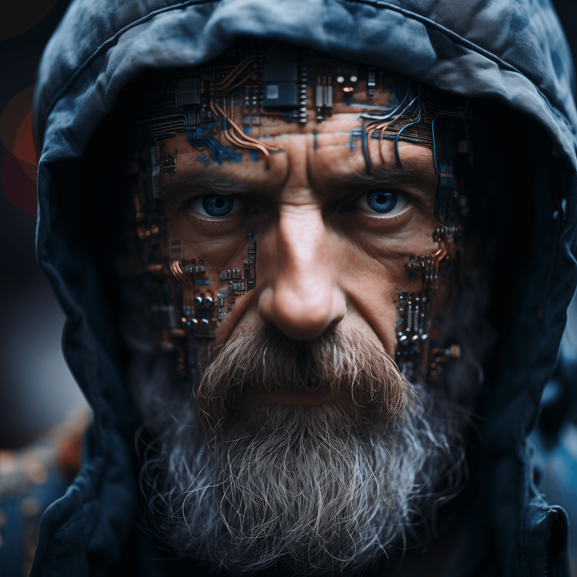 AI generated: A man who has skin features that look like a motherboard, microchips, symbiosis of man and motherboa...