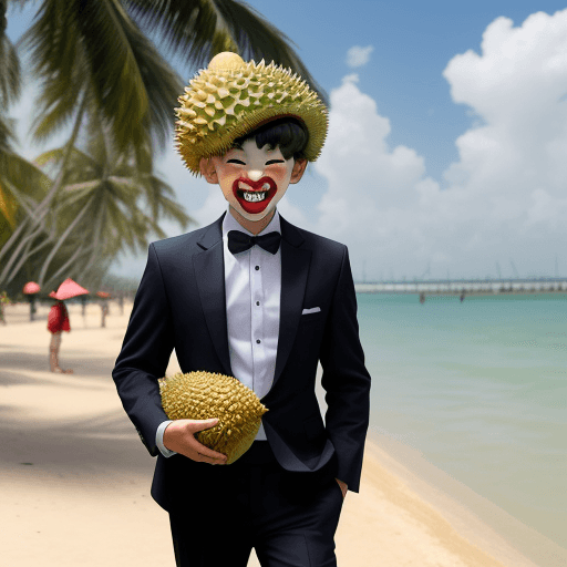 AI generated: A cute boy eating durian by the East Coast Park beach wearing a formal suit and a clown hat and carr...