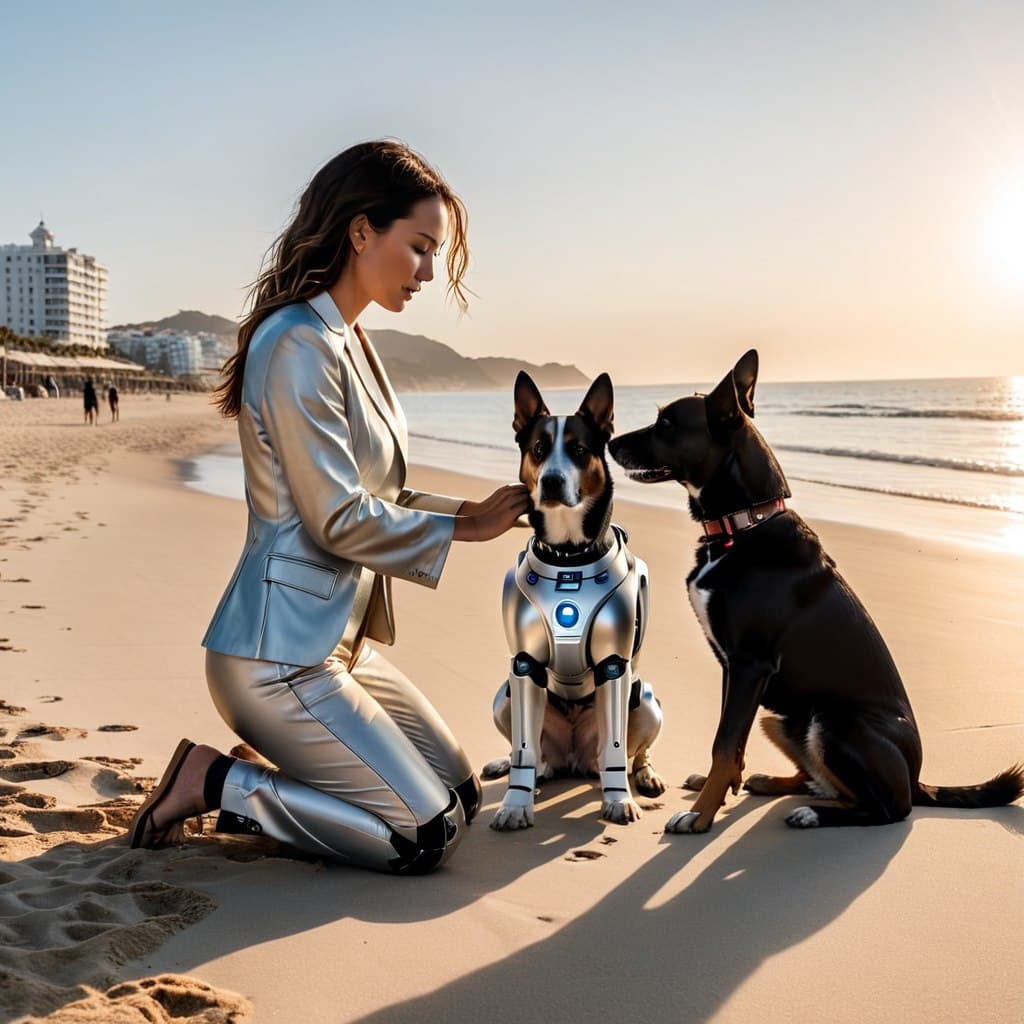 AI generated: nousr robot (petting a dog:1.0), at a beach, ultra-realistic, 8k, dramatic lighting, canon 5D, (Mast...