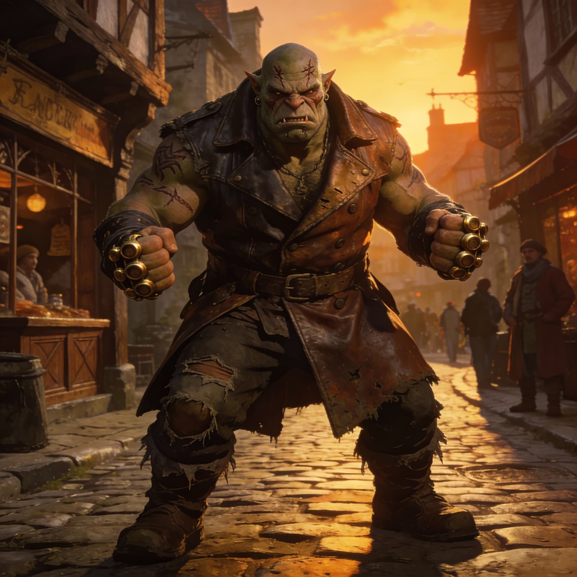 AI generated: a large male orc streetfighter with scars, in a leather trenchcoat and tattered pants, with brassknu...