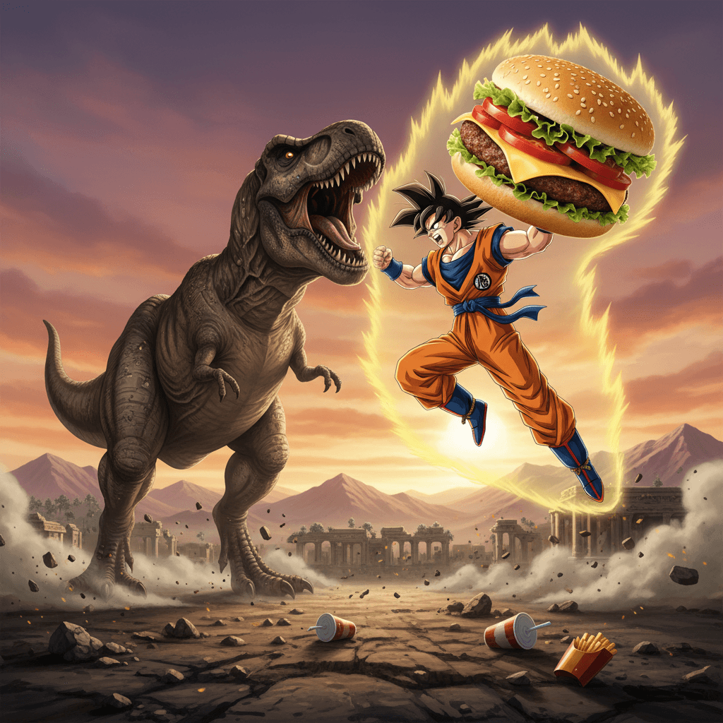 AI generated: goku fighting a t rex over a burger
