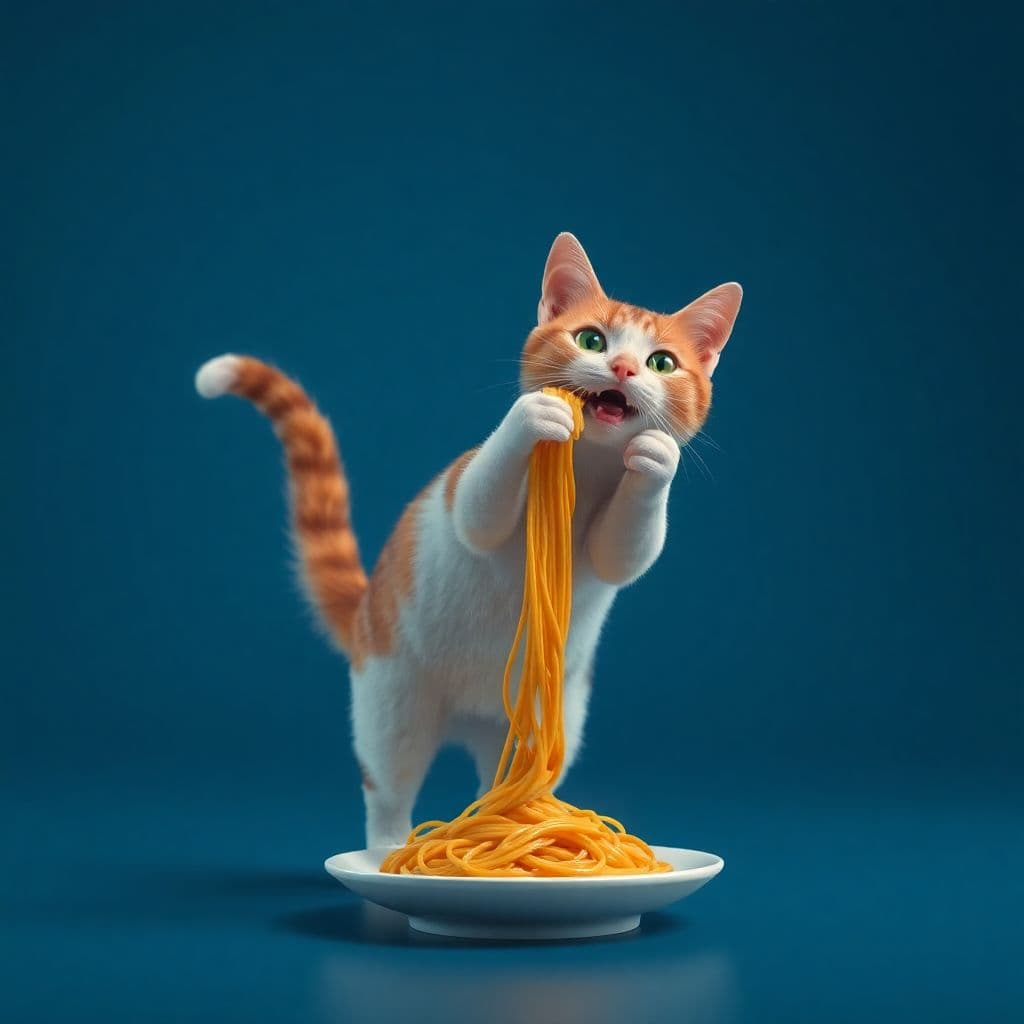 AI generated: A cat standing on 2 legs, eating spaghetti, unreal engine render, 8k, by A.J.Casson