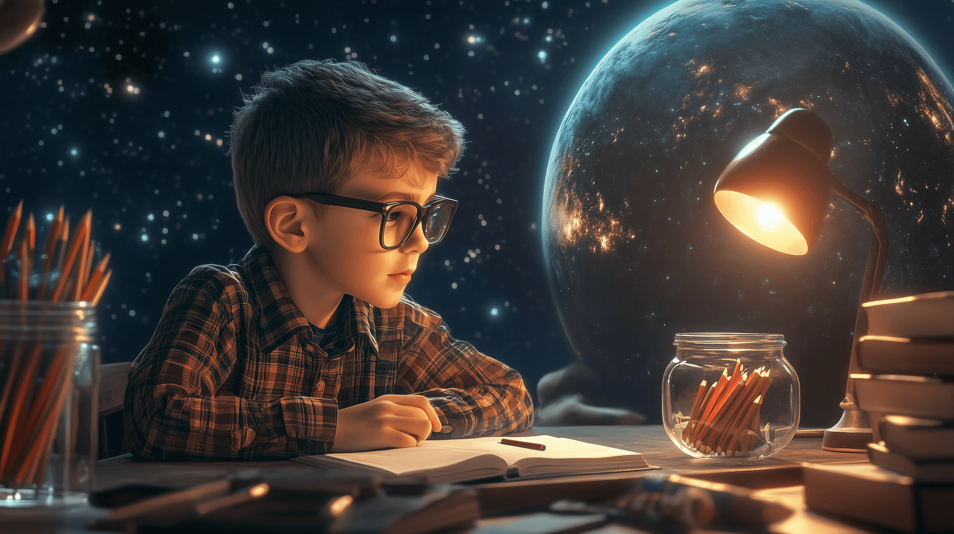 AI generated: Young boy with glasses, dreamy gaze, studying at desk, space background, starry sky, planet Earth, s...