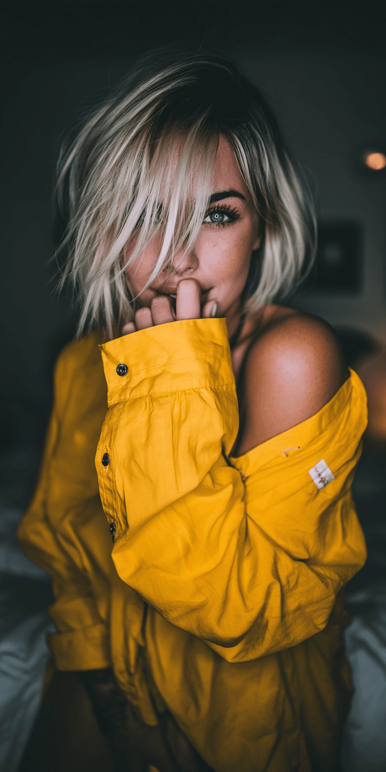 AI generated: blond girl in a yellow shirt is posing, soft, atmospheric lighting --chaos 75 --ar 1:2 --profile e52...
