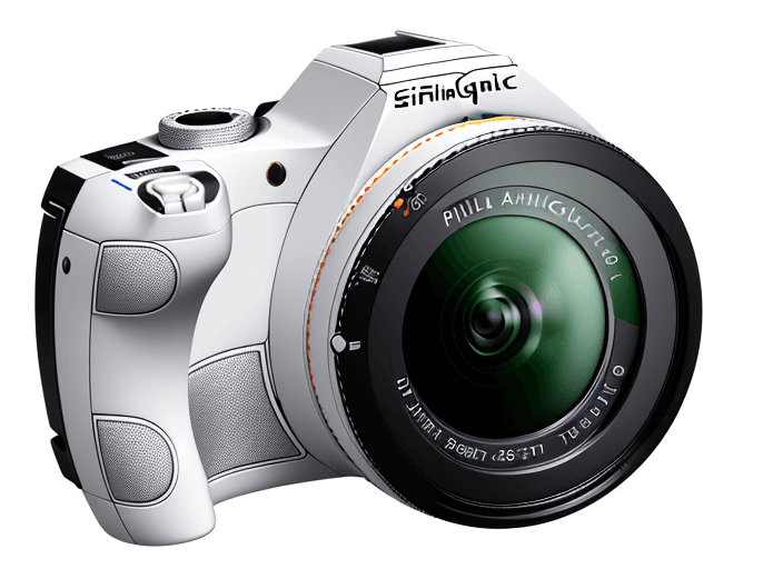 AI generated: Slim digital camera with integral lens, show screen side, infinite white surface, hyperrealistic, in...