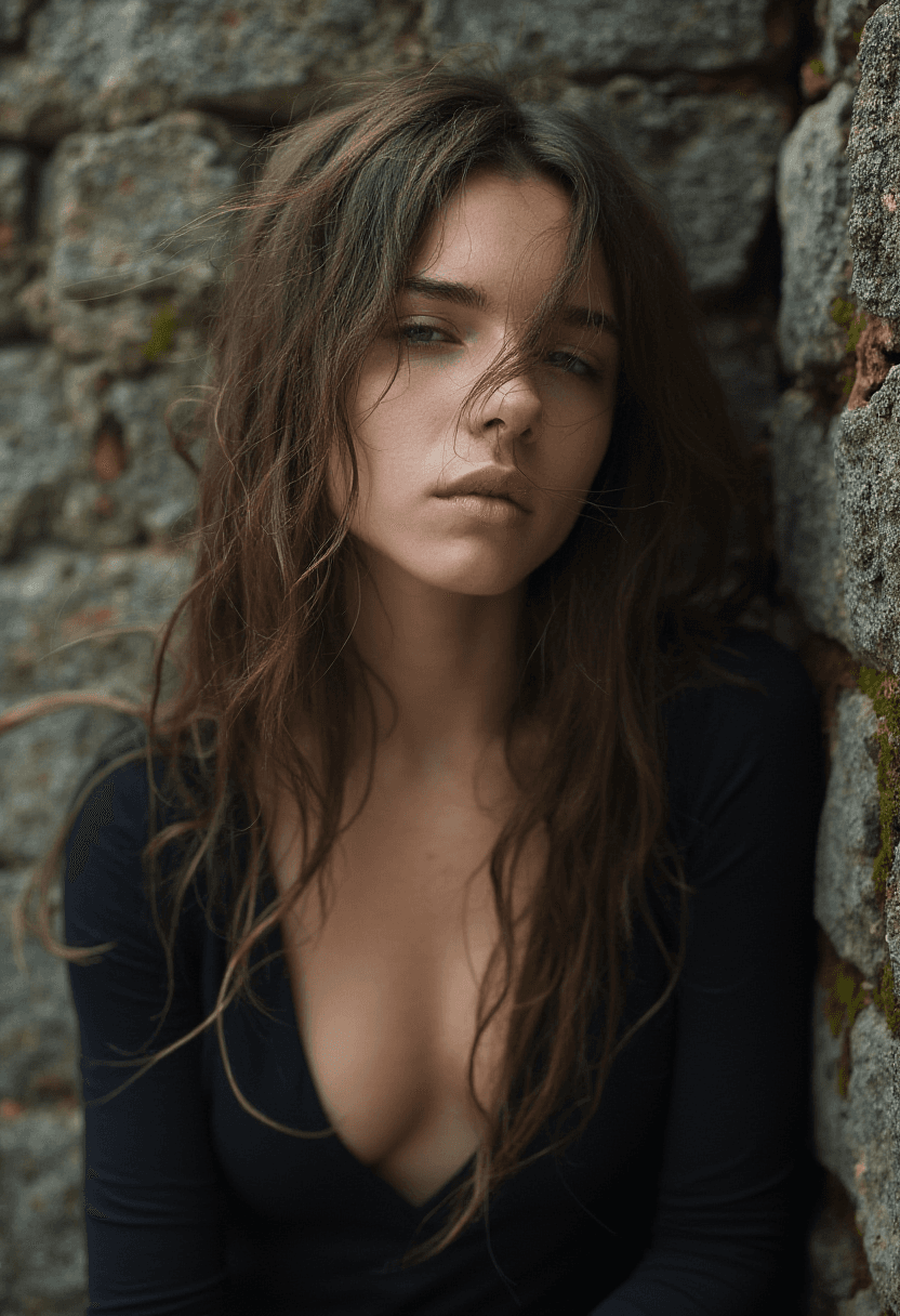 AI generated: A photorealistic portrait of an adult woman with long, wavy brown hair, leaning against a weathered ...