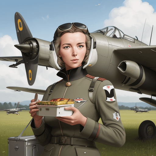 AI generated: Portrait of an Austrian pilot near the battlefield airstrip in Germany, eating lunch outdoors in a (...