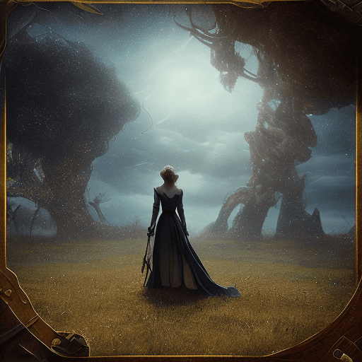AI generated: Viewed from a rear sight, close-up, quarter of an angle perspective. A lady, out in an epic adventur...