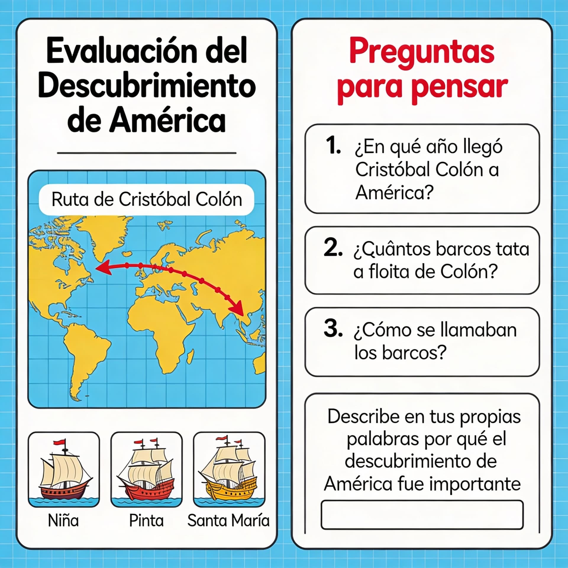 AI generated: necesito crear un prompt  para una evaluacion del descubrimiento de america para estudiantes de 4to ...