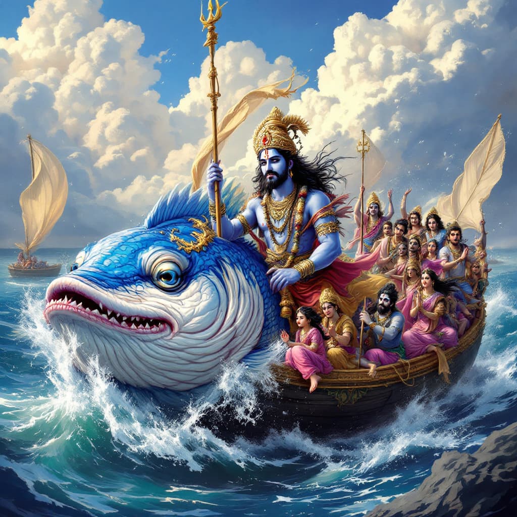 AI generated: hindu mythology character matya avtar  mean  fish pulling a  crowded boat with people in boat wearin...