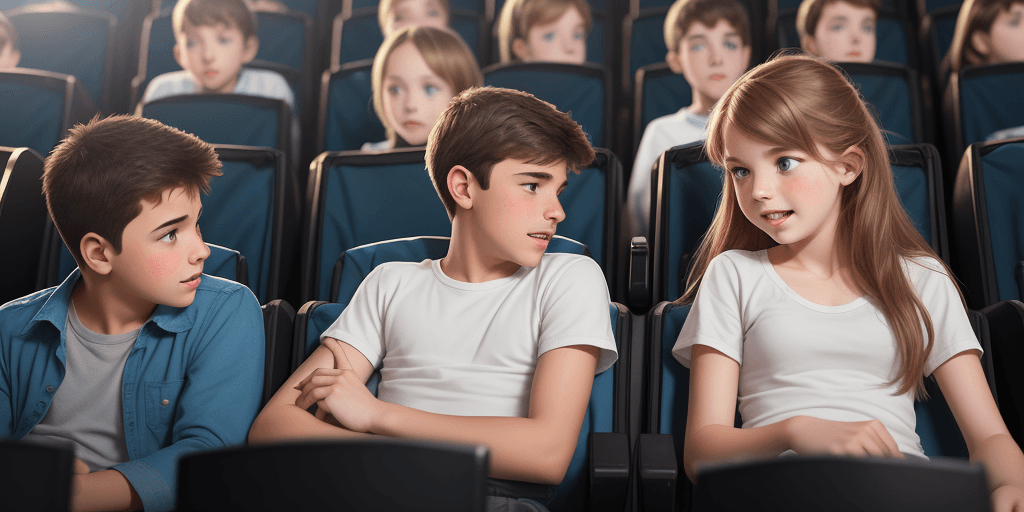 AI generated: Create a graphic that shows a male and female grade school student talking at the movie theater