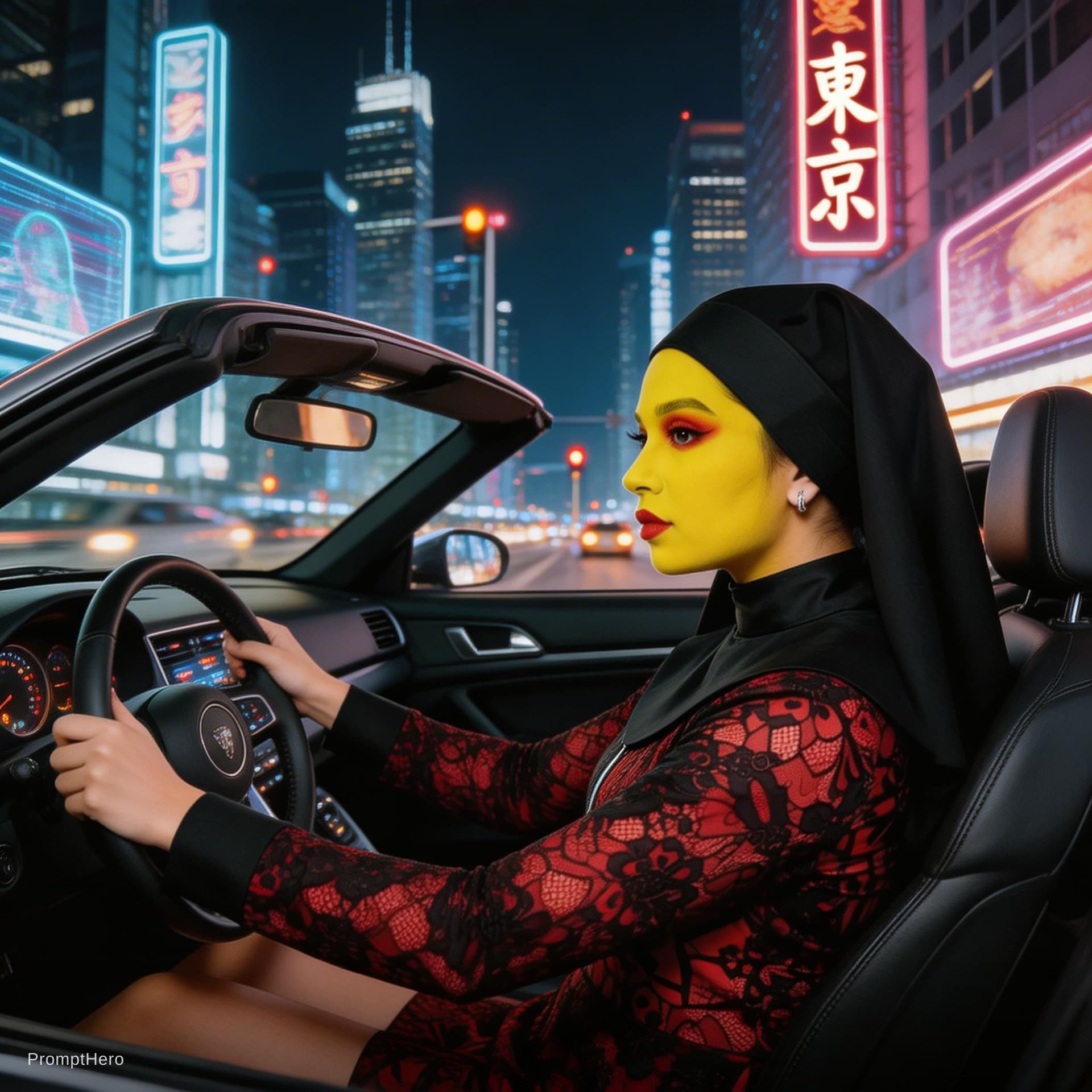 AI generated: Woman drives convertible car through futuristic Japanese city at night