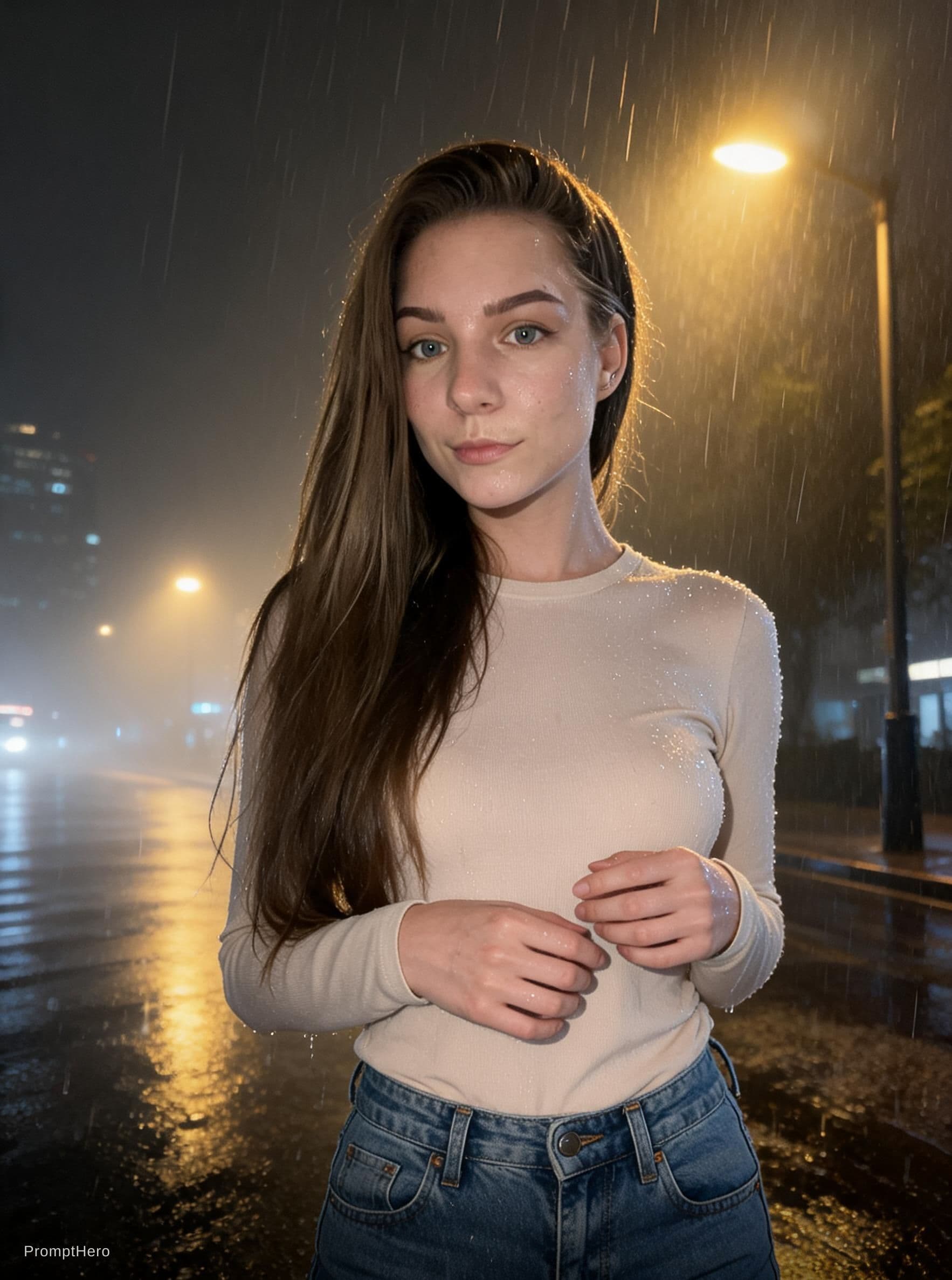 AI generated: A photorealistic outdoor portrait of a woman with long, dark brown hair featuring subtle lighter hig...
