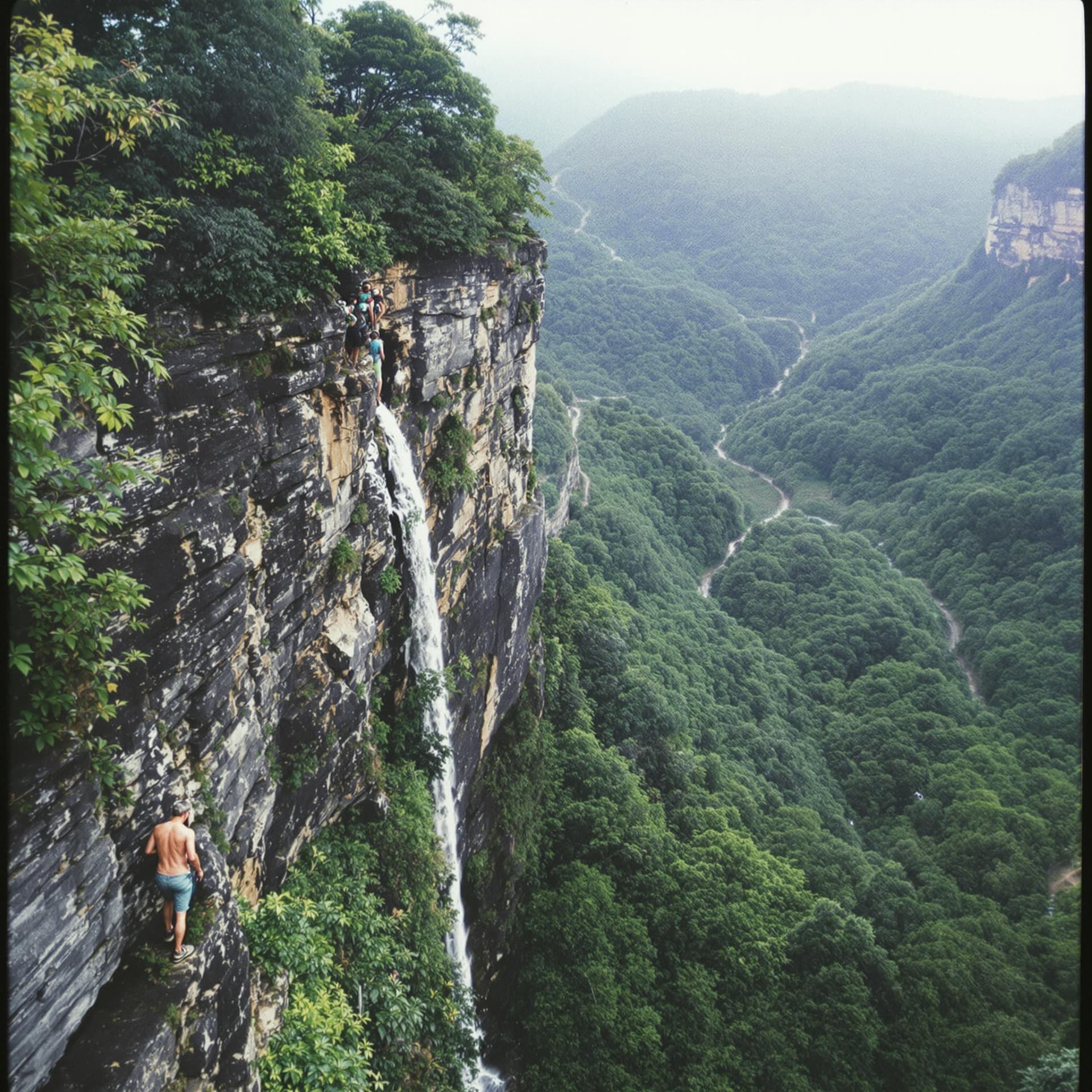 AI generated: madeira hiking, team building retreat, corporate retreat, cliff scenario, lush forest, polaroid, gra...