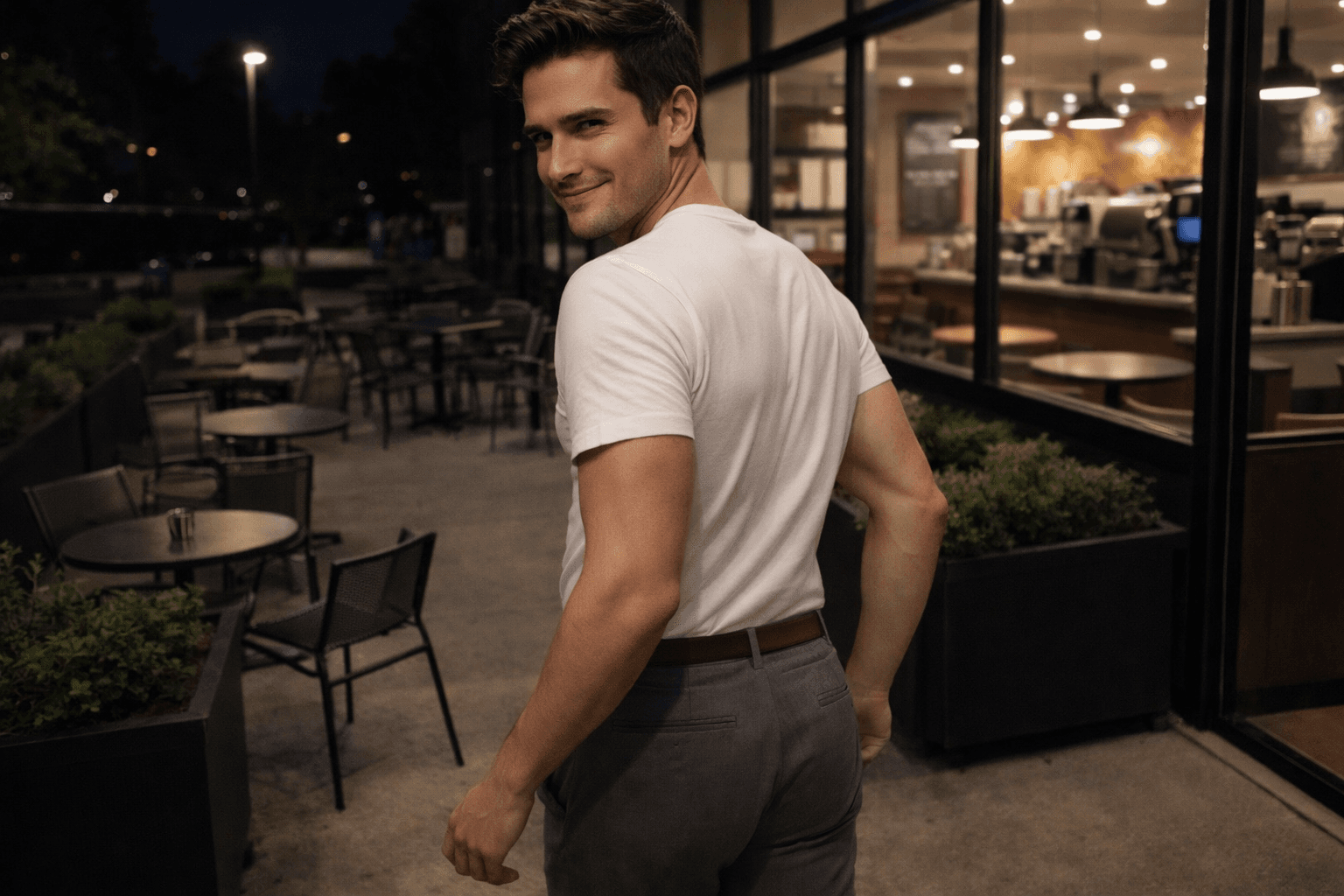 AI generated: At night. The model is a barista at a big coffee shop. The coffee shop is empty. The coffee shop has...