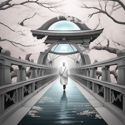 AI generated: Mahatma Buddha walk the bridge under a large cherry blossom, in the style of atmospheric paintings, ...