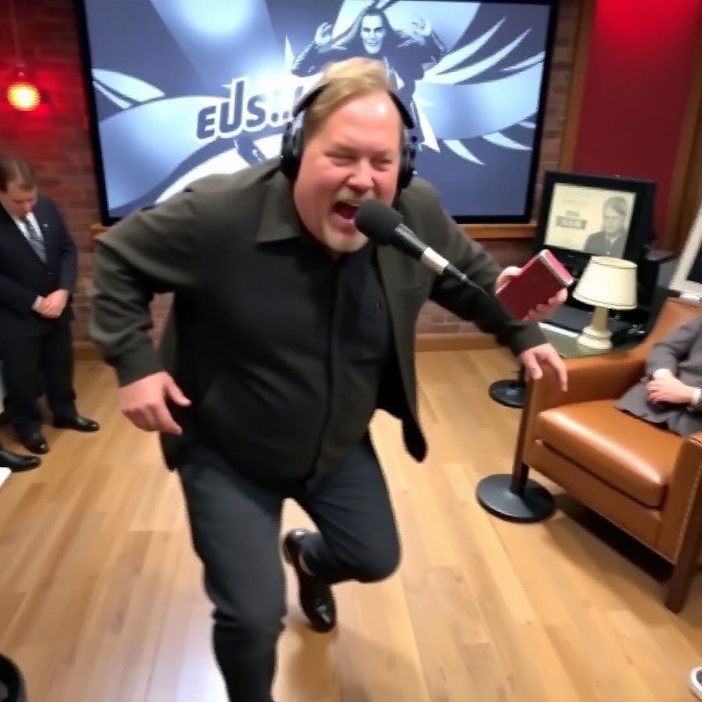 AI generated: Joe Rogan catches hitler breaking onto his set during a podcast and chases after him in a panicked f...