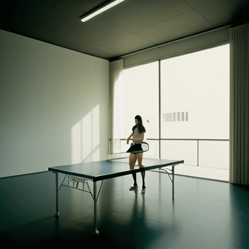 AI generated: girl playing table tennis, Hyper realistic eye level interior, indirect lighting, AD magazine, Frank...