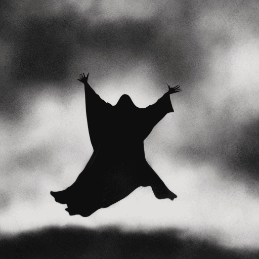 AI generated: a ghost floating in the air with open arms covered with a black sheet hanging to the ground, two met...