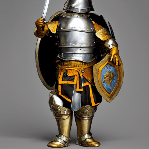 AI generated: Photograph of a small chicken in an armor, wielding a sword and a shield, high detailed and ornament...
