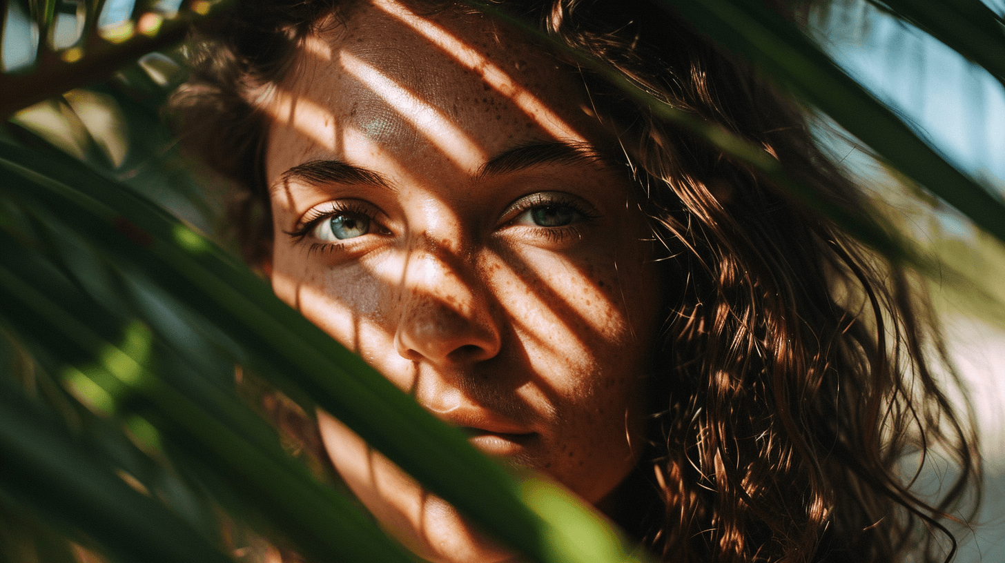 AI generated: High key photo, woman, her face partially covered by shadows from the shade of a palm tree, dramatic...