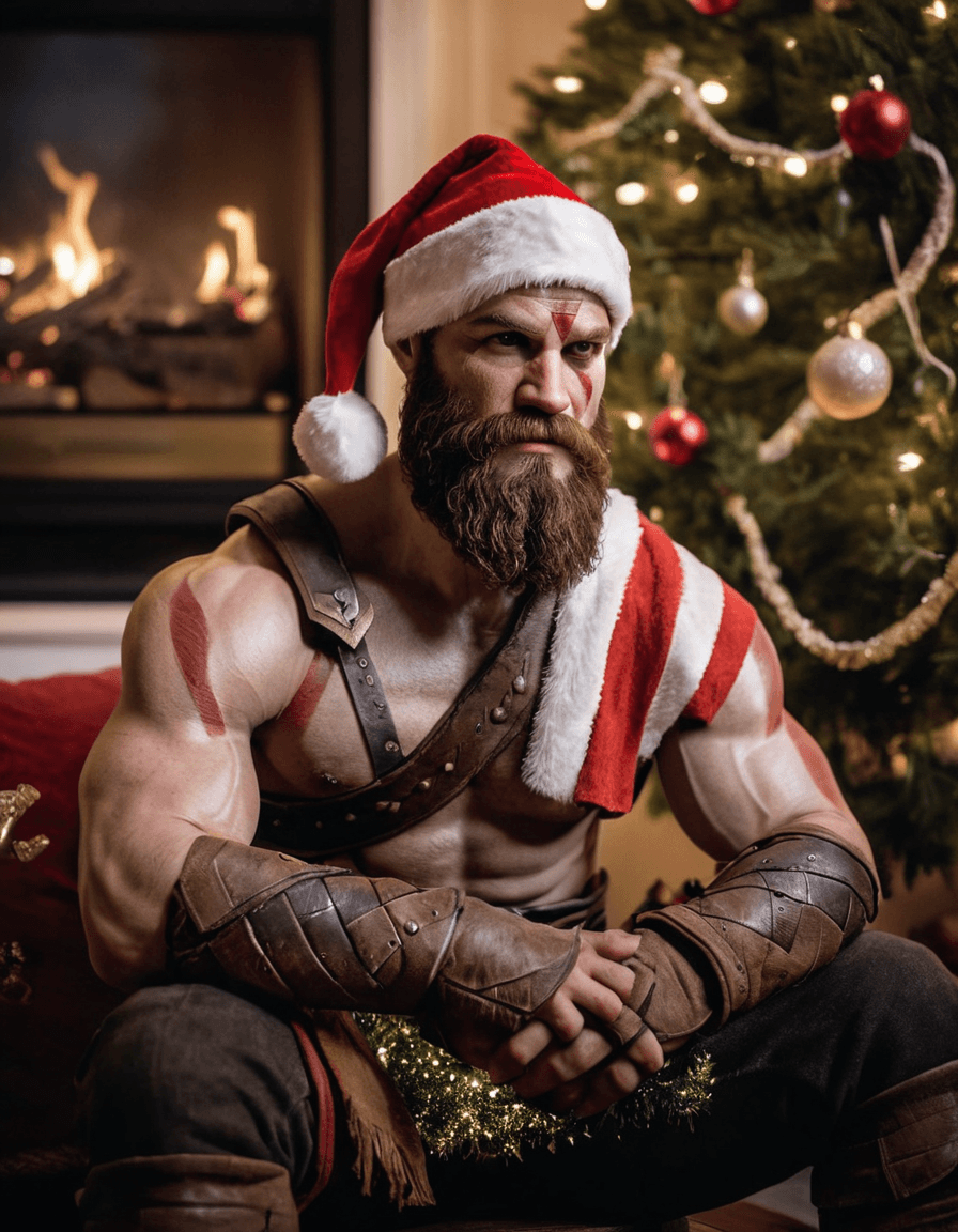 AI generated: kratos from god of war game, sitting in front of a christmas tree, serious look, wearing a christmas...