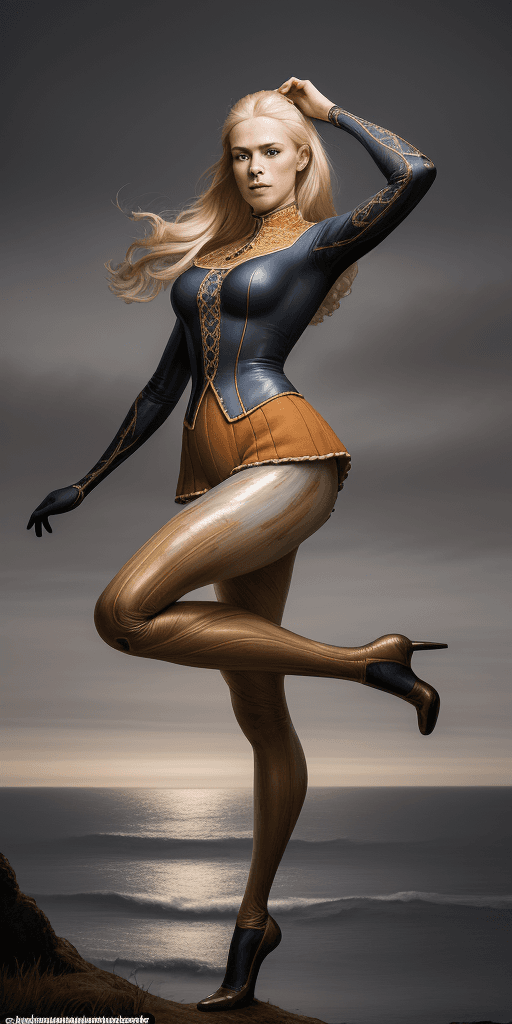 AI generated: portrait of a blonde woman, wearing tight-fitting Dutch traditional klederdracht, long legs, intrica...