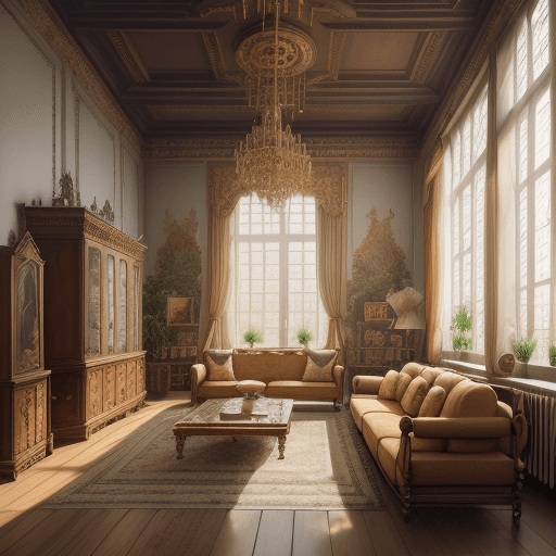 AI generated: High resolution photography interior design, dreamy castle interior living room, wooden floor, small...