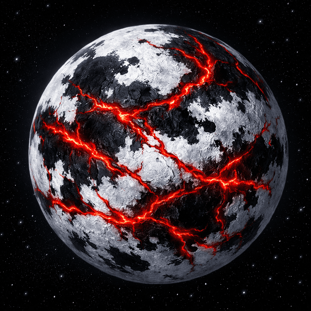 AI generated: a white moon with Black patches and rivers of crimson red oil running through it like veins of gold ...