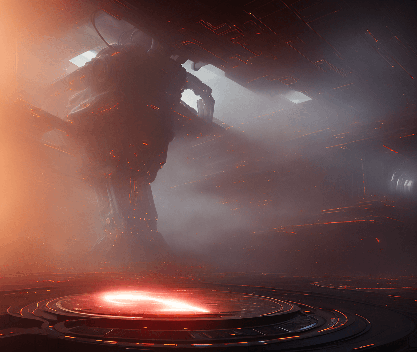 AI generated: a huge Mech is walking thru the fire   in the corridor leading to the control room in a futuristic s...