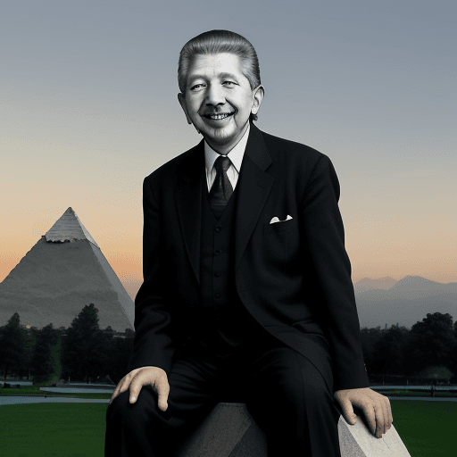 AI generated: Photo of Abraham Maslow smiling next to a "hierarchy of needs pyramid".  City park in the background...