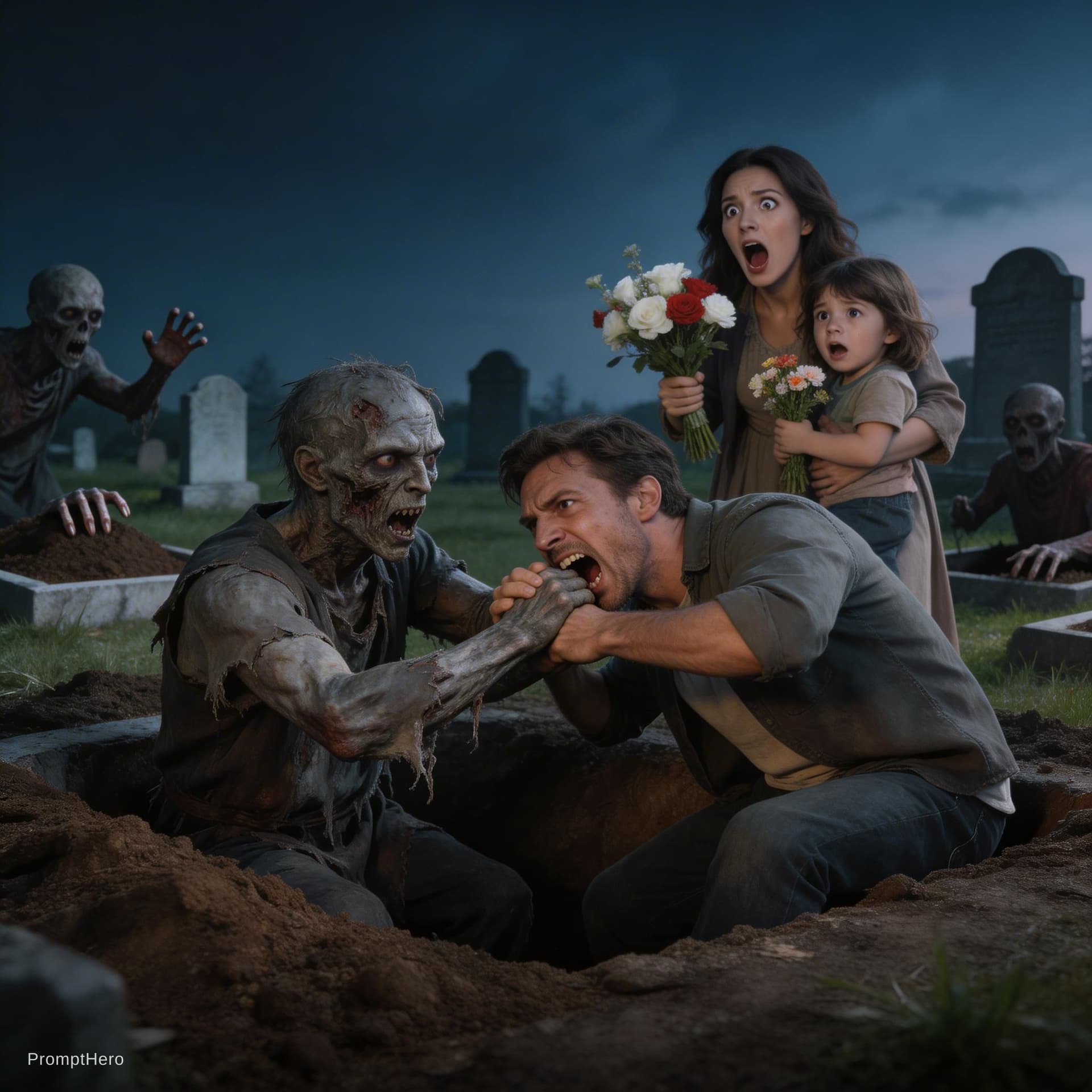 AI generated: The dead rise from the ground. The to family that came with flowers are frightend to death.the fathe...