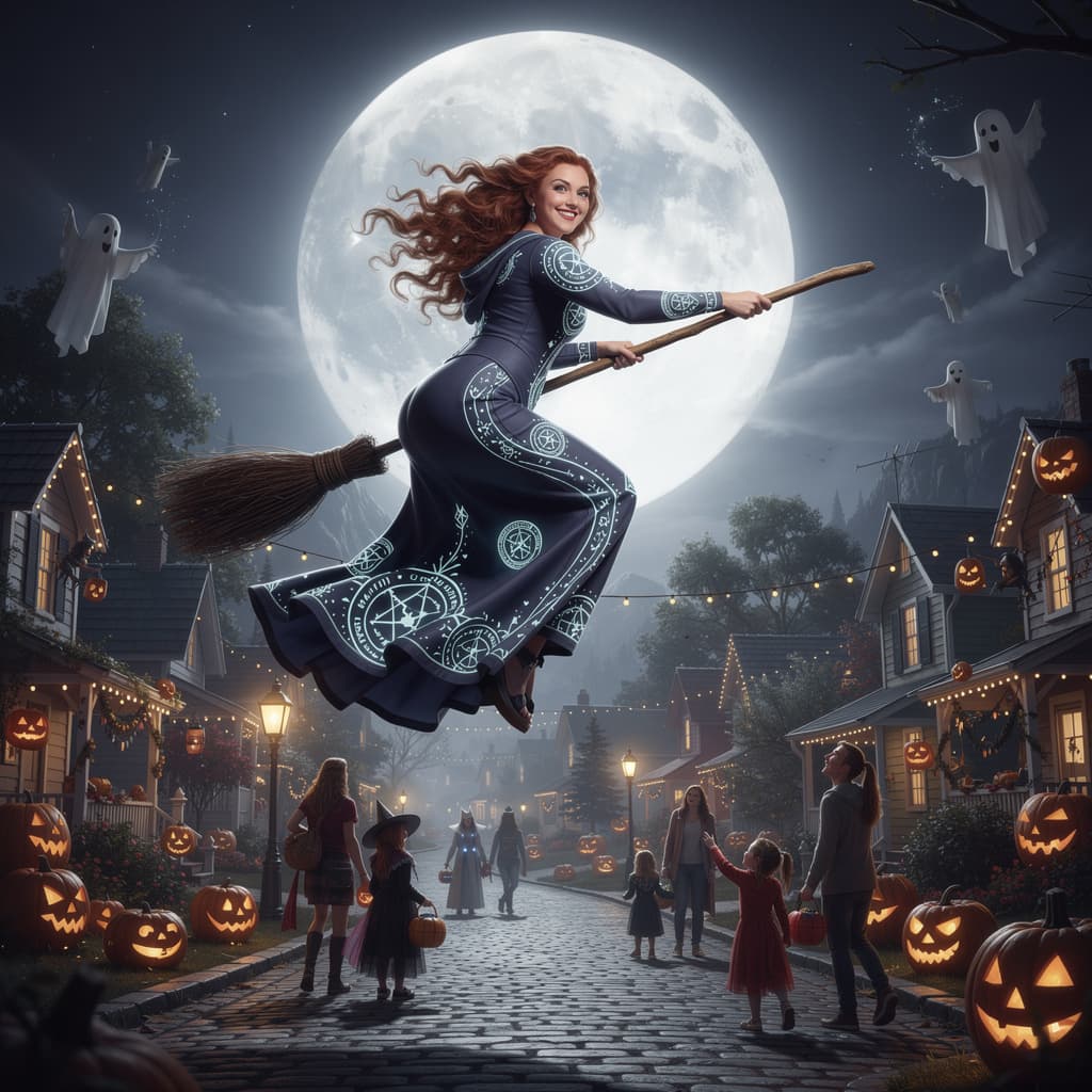 AI generated: ultrarealistic, fashion photography style, a beautiful, voluptuous witch in a long, form fitting gow...