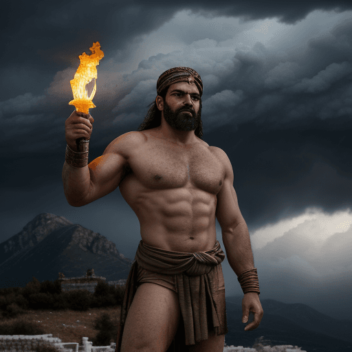 AI generated: Prometeo stands defiantly, holding the fiery torch aloft, with a determined expression on his face. ...
