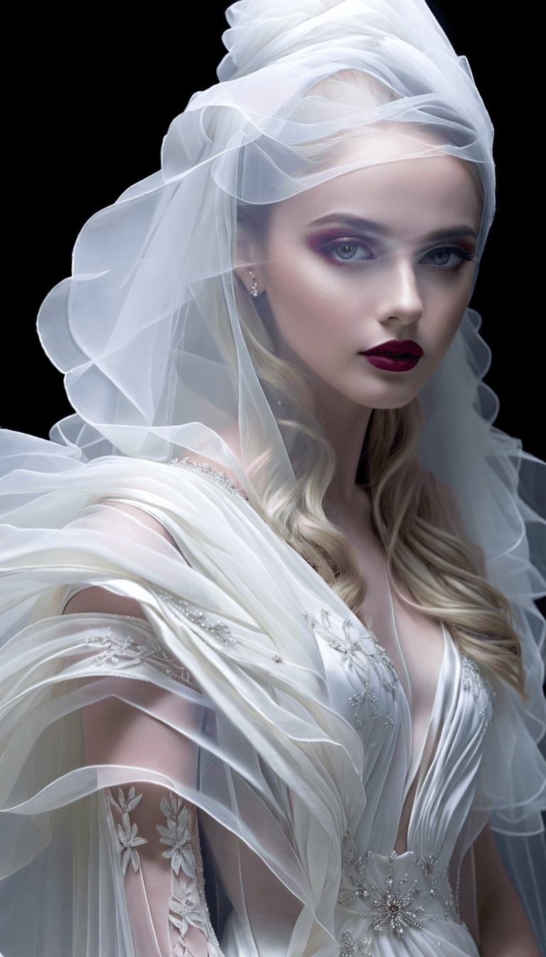 AI generated:   The image features a beautiful girl wearing a white wedding dress, maroon lipstick. The girl is po...