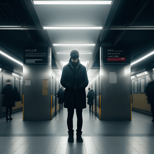 AI generated: create an image of a person standing alone in a subway station, under a single bright fluorescent li...