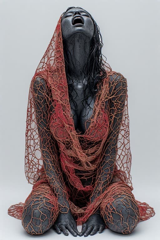 AI generated: a dark gray sculpture of a woman kneeling, her head thrown back and mouth open in a scream, she is d...